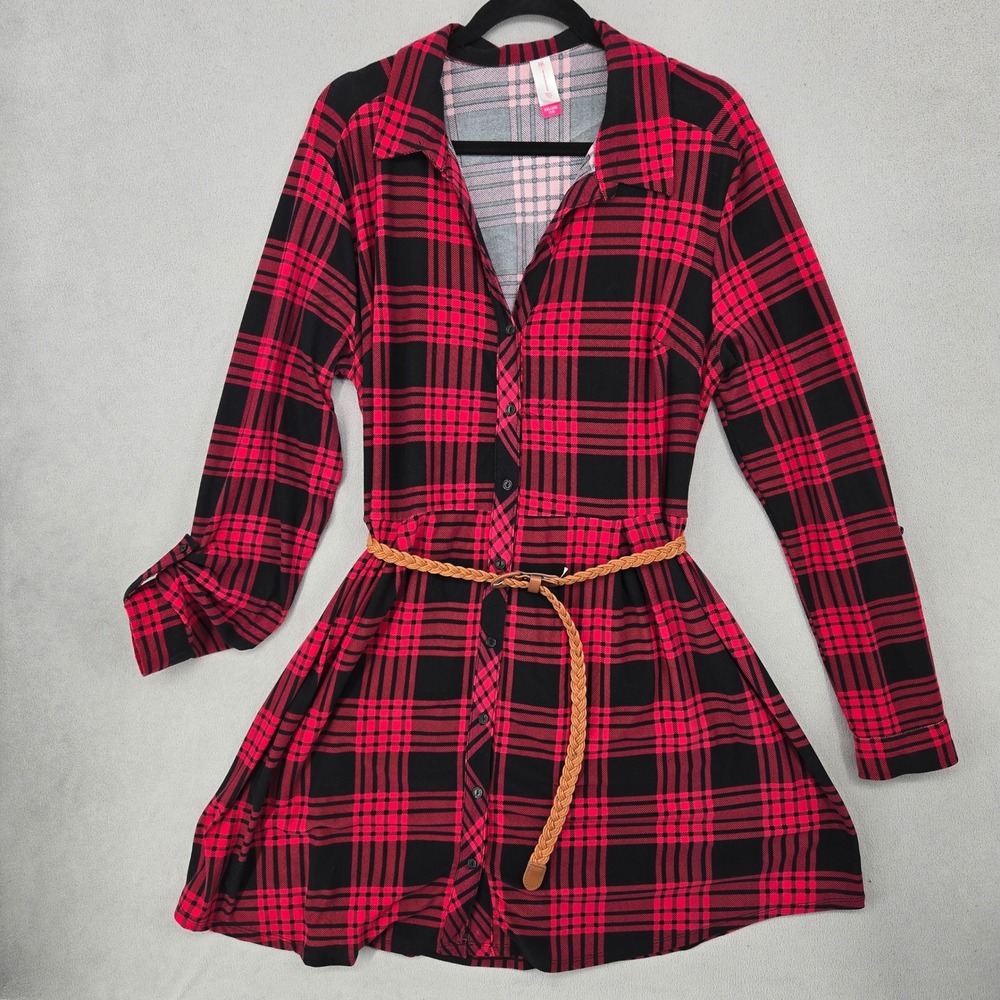 No Boundaries Women XXL Red Buffalo Plaid Shirt Dress Grunge Punk Belted